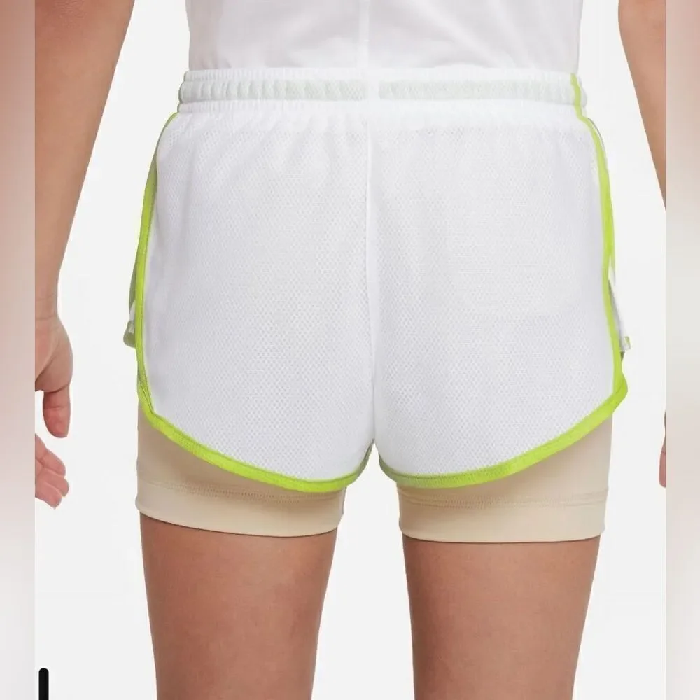 NWT NIKE Girls Dri Fit Tempo 2 in 1 Athletic Shorts White/Tan - Size Medium